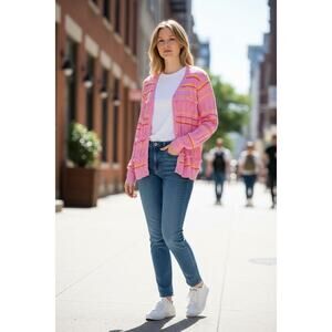 Charter Club Pink Yellow Stripe Knit Ruffle Cardigan Sweater XL Button Front